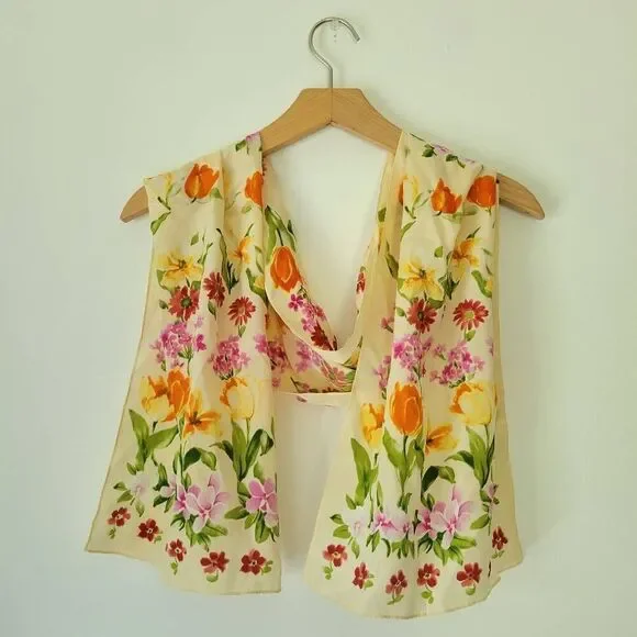 Floral Scarf Tulips Silky Orange Red Green Pink - Picture 4 of 6